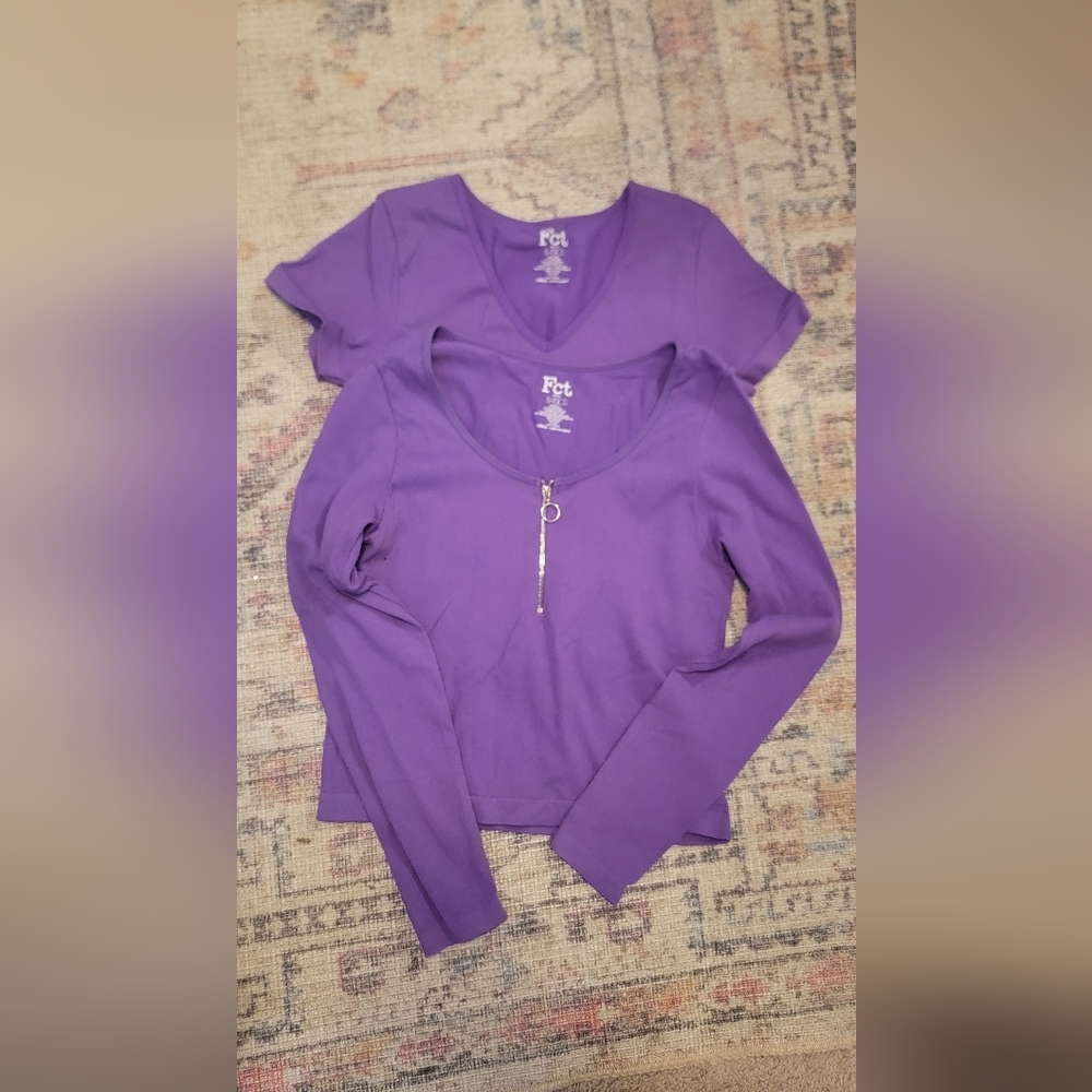 Set Of 1 Purple Long Sleeve & 1 Short Sleeve Ribbed Cropped Active Tops